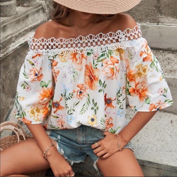 Tops - Boho Floral Print Lace Off Drop Shoulder Top Blouse